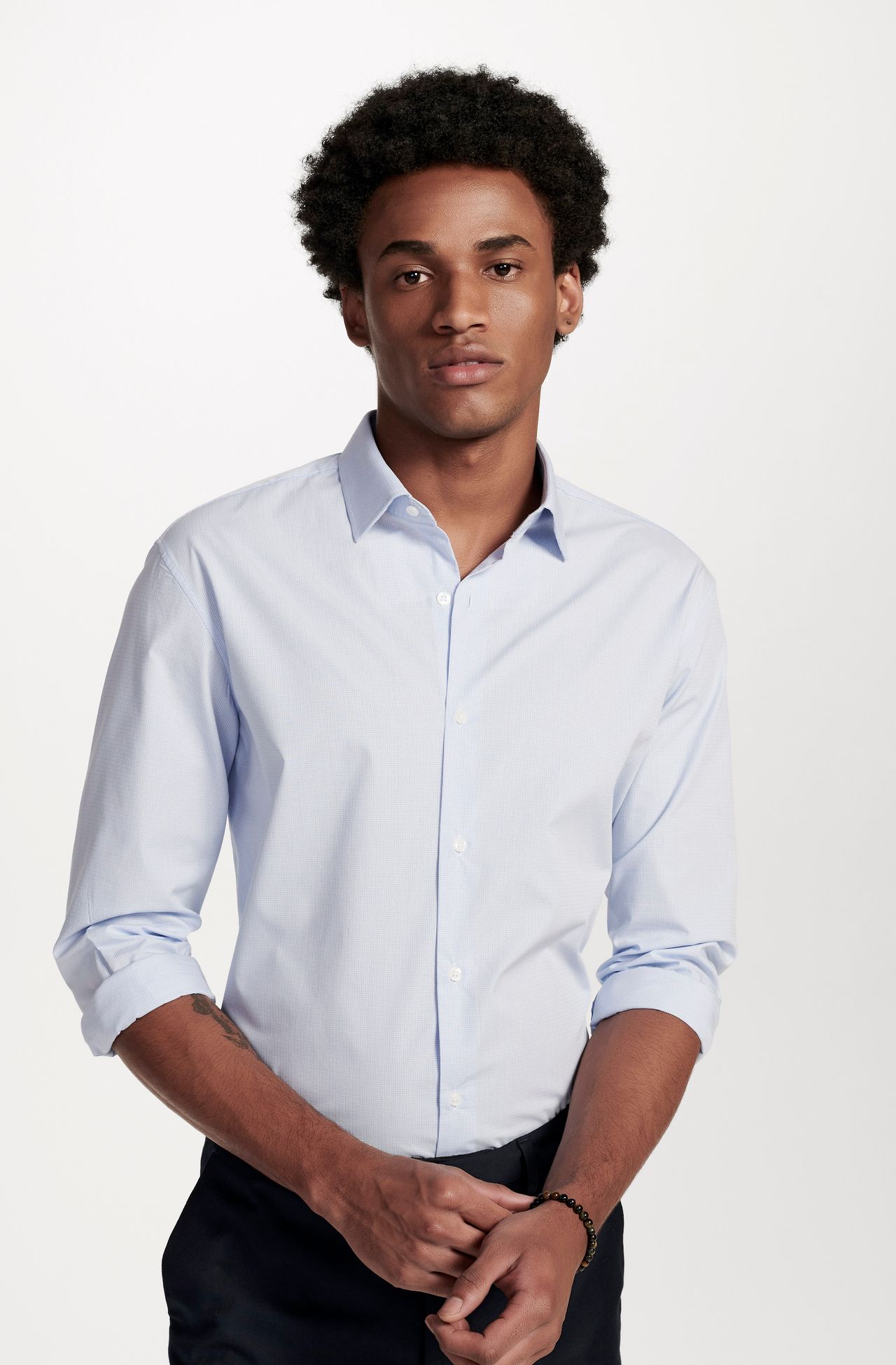 Camisa Colarinho Italiana Branca Xadrez Azul