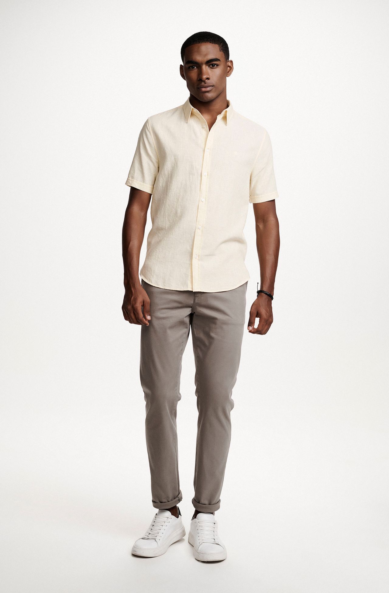 Camisa Manga Curta Casual Amarela Em Linho